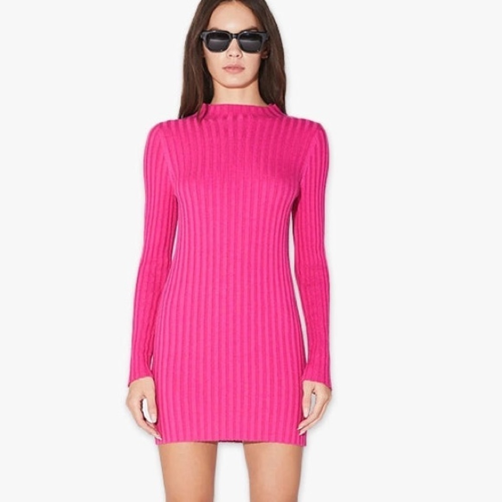 RtA Brielle Long Sleeve Silk Ribbed Knit Fitted Mini Dress in Fuchsia Pink